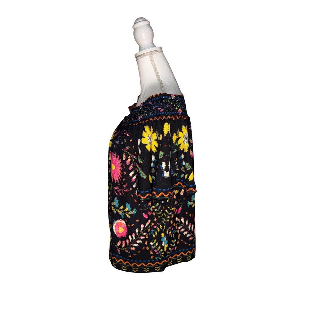 Flying Tomato Womens Black Neon Floral Off The Shoulder Smocked Blouse Large - Picture 2 of 7